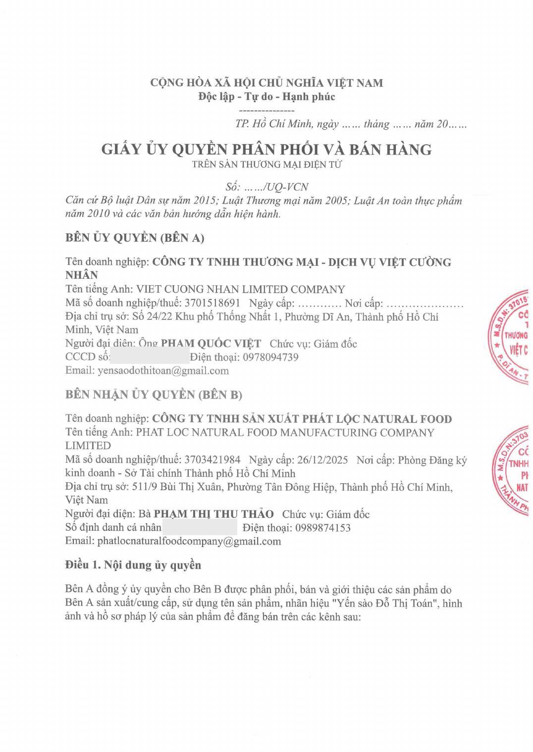 Giấy ủy quyền phân phối Việt Cường Nhân