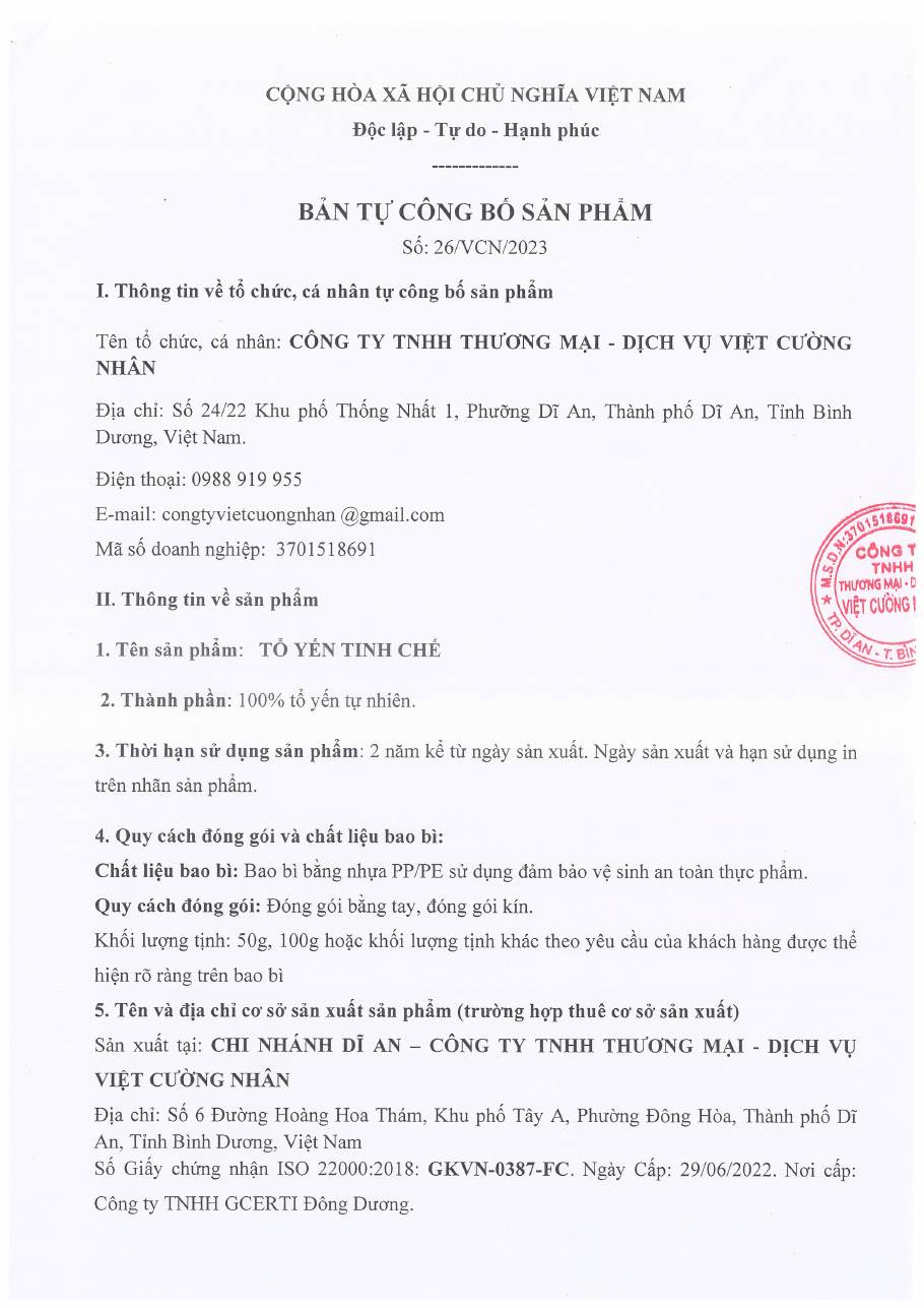 Tự công bố: Yến tinh chế