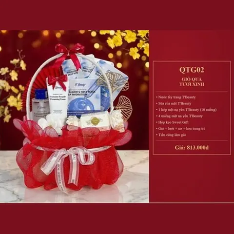 Giỏ Quà Tươi Xinh QTG02 Nước tẩy trang, sữa rửa mặt T'Beauty, 1 hộp mặt nạ yến (10 miếng), 4 miếng mặt nạ yến, hộp kẹo Sweet Gift