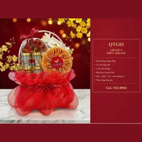 Giỏ Quà Phúc Khang QTG03 Nấm đông trùng 20gr, táo đỏ hộp lớn, 4 hũ yến chưng, hộp kẹo Sweet Gift
