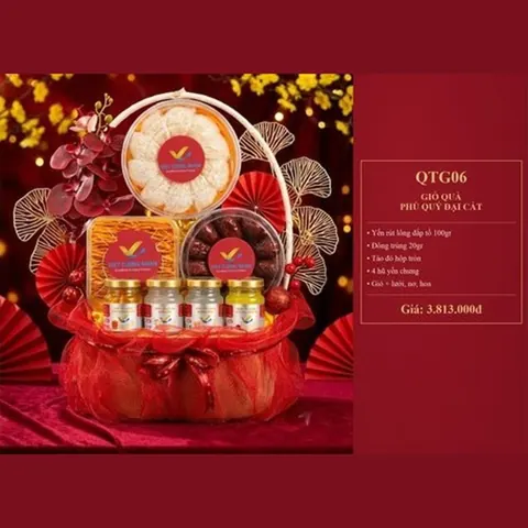 Giỏ Quà Phú Quý Đại Cát QTG06 Yến rút lông đắp tổ 100gr, đông trùng 20gr, táo đỏ hộp tròn, 4 hũ yến chưng
