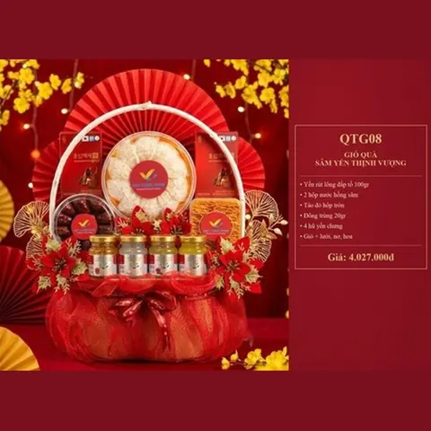 Giỏ Quà Sâm Yến Thịnh Vượng QTG08 Yến rút lông đắp tổ 100gr, 2 hộp nước hồng sâm, táo đỏ hộp tròn, đông trùng 20gr, 4 hũ yến chưng