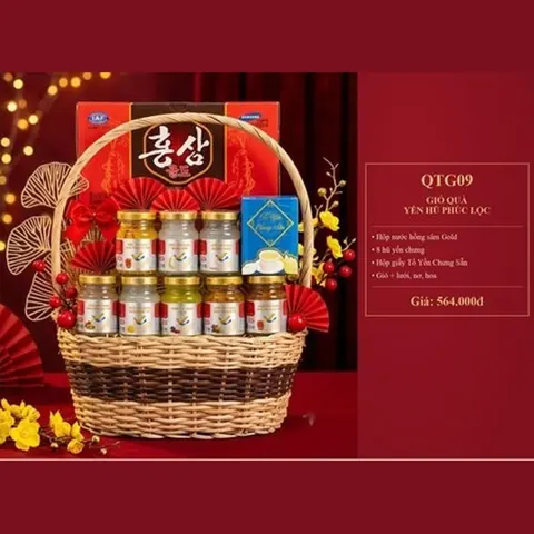 Giỏ Quà Yến Hũ Phúc Lộc QTG09 Hộp nước hồng sâm Gold, 8 hũ yến chưng, hộp giấy Tổ Yến Chưng Sẵn