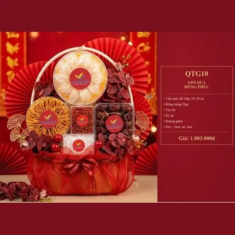Giỏ Quà Hồng Phúc QTG10 Yến tinh chế 50gr 18-20 tai, đông trùng 20gr, táo đỏ, kỷ tử, đường phèn