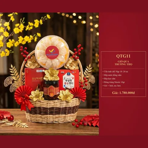 Giỏ Quà Trường Thọ QTG11 Yến tinh chế 50gr 18-20 tai, hộp nước hồng sâm, hộp kẹo sâm, đông trùng Master 10gr