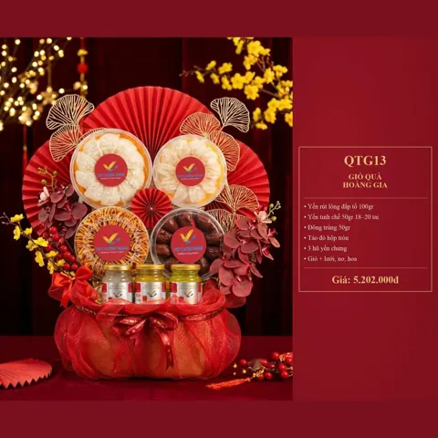 Giỏ Quà Hoàng Gia QTG13 Yến rút lông đắp tổ 100gr, yến tinh chế 50gr 18-20 tai, đông trùng 50gr, táo đỏ hộp tròn, 3 hũ yến chưng