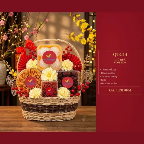 Giỏ Quà Vinh Hoa QTG14 Yến tinh chế 25gr, đông trùng 20gr, táo nhược khương, kỷ tử