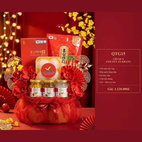 Giỏ Quà Sâm Yến An Khang QTG15 Yến tinh chế 25gr, hộp nước hồng sâm, gói kẹo sâm, 3 hũ yến chưng