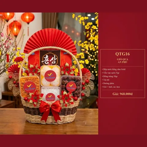 Giỏ Quà An Phú QTG16 Hộp nước hồng sâm Gold, yến vụn sạch 25gr, đông trùng 20gr, táo đỏ, đường phèn