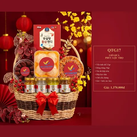 Giỏ Quà Phúc Lộc Thọ QTG17 Yến tinh chế 25gr, đông trùng 50gr, táo đỏ hộp tròn, hộp kẹo sâm, 4 hũ yến chưng