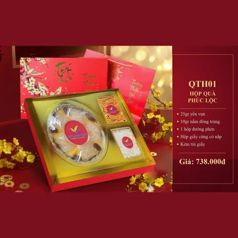 Hộp Quà Phúc Lộc QTH01 25gr yến vụn, 10gr nấm đông trùng, 1 hộp đường phèn, hộp giấy cứng, túi giấy