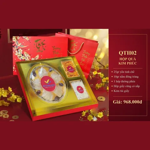 Hộp Quà Kim Phúc QTH02 25gr yến tinh chế, 10gr nấm đông trùng, 1 hộp đường phèn, hộp giấy cứng, túi giấy