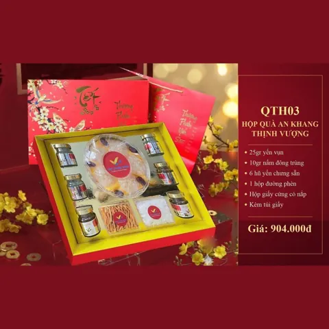 Hộp Quà An Khang Thịnh Vượng QTH03 25gr yến vụn, 10gr nấm đông trùng, 6 hũ yến chưng, 1 hộp đường phèn, hộp giấy cứng, túi giấy