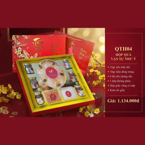Hộp Quà Vạn Sự Như Ý QTH04 25gr yến tinh chế, 10gr nấm đông trùng, 6 hũ yến chưng, 1 hộp đường phèn, hộp giấy cứng, túi giấy
