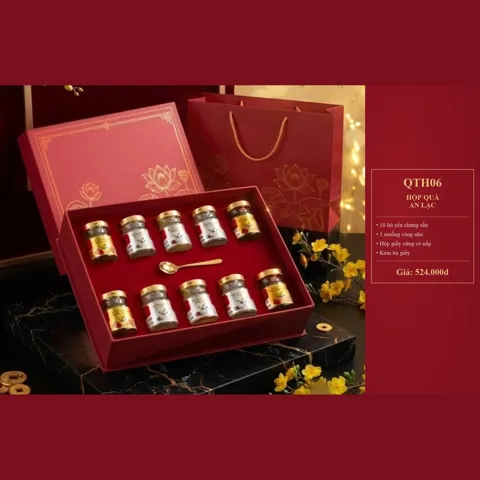 Hộp Quà An Lạc QTH06 10 hũ yến chưng sẵn (vị đường phèn hoặc đông trùng hạ thảo), 1 muỗng vàng nhỏ, hộp giấy cứng, túi giấy
