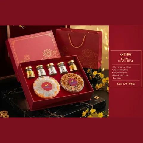 Hộp Quà Khang Thịnh QTH08 50gr yến tinh chế (10 tai), 20gr nấm đông trùng, 5 hũ yến chưng, hộp giấy cứng, túi giấy