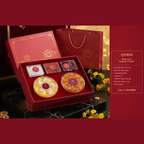 Hộp Quà Thịnh Vượng QTH10 25gr yến tinh chế (5 tai), 20gr nấm đông trùng, 1 hộp đường phèn, 1 hộp kỷ tử, 1 hộp táo nhược khương, hộp giấy cứng, túi giấy