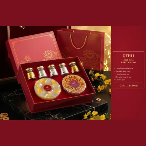 Hộp Quà Phúc Khang QTH11 25gr yến tinh chế (5 tai), 20gr nấm đông trùng, 5 hũ yến chưng, hộp giấy cứng, túi giấy