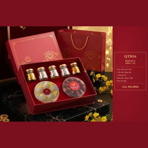 Hộp Quà Phúc An QTH16 25gr yến vụn (5 tai), 5 hũ yến chưng, 1 hộp táo đỏ, hộp giấy cứng, túi giấy