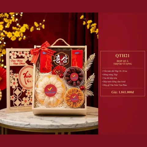 Hộp Quà Thịnh Vượng QTH21 Yến tinh chế 50gr 18-20 tai, đông trùng 20gr, táo đỏ hộp tròn, hộp nước hồng sâm Gold, hộp gỗ Tân Niên Vạn Phúc