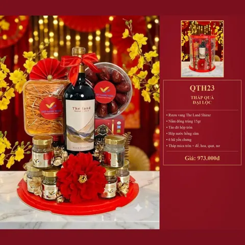 Tháp Quà Đại Lộc QTH23 Rượu vang The Land Shiraz, nấm đông trùng 15gr, táo đỏ hộp tròn, hộp nước hồng sâm, 6 hũ yến chưng, tháp mica