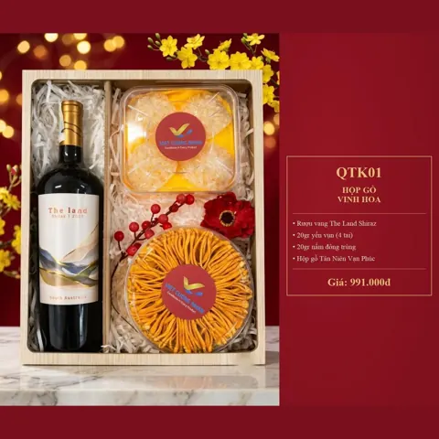 Hộp Gỗ Vinh Hoa QTK01 Rượu vang The Land Shiraz, 20gr yến vụn (4 tai), 20gr nấm đông trùng, hộp gỗ Tân Niên Vạn Phúc