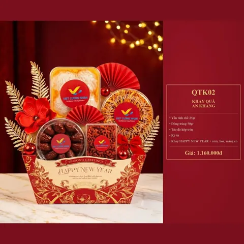Khay Quà An Khang QTK02 Yến tinh chế 25gr, đông trùng 50gr, táo đỏ hộp tròn, kỷ tử, khay Happy New Year