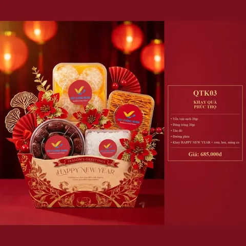 Khay Quà Phúc Thọ QTK03 Yến vụn sạch 20gr, đông trùng 20gr, táo đỏ, đường phèn, khay Happy New Year