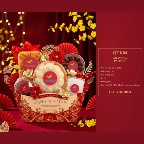 Khay Quà Đại Phúc QTK04 Yến rút lông đắp tổ 100gr, đông trùng 15gr, táo đỏ hộp tròn, kỷ tử, đường phèn, khay Happy New Year