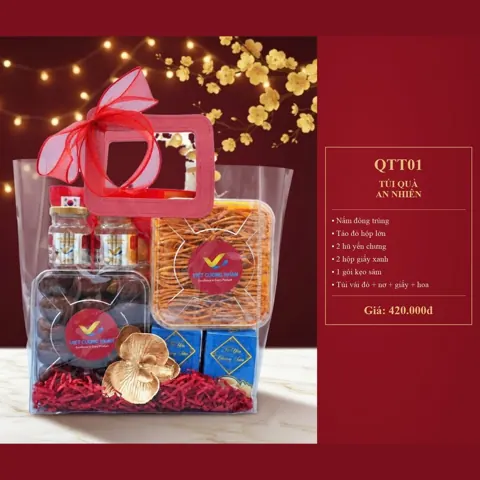 Túi Quà An Nhiên QTT01 Nấm đông trùng, táo đỏ hộp lớn, 2 hũ yến chưng, 2 hộp giấy xanh, 1 gói kẹo sâm