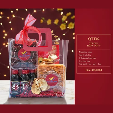 Túi Quà Hồng Phúc QTT02 Nấm đông trùng, táo đỏ hộp lớn, 6 chai nước hồng sâm, 1 gói kẹo sâm