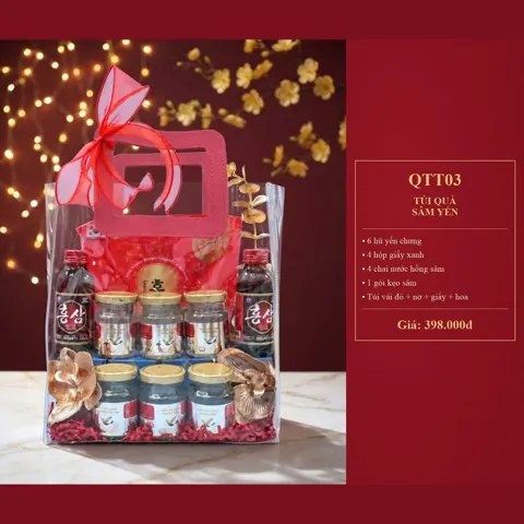 Túi Quà Sâm Yến QTT03 6 hũ yến chưng, 4 hộp giấy xanh, 4 chai nước hồng sâm, 1 gói kẹo sâm