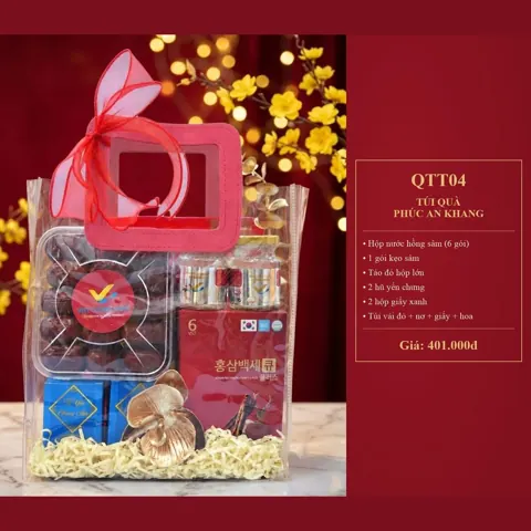 Túi Quà Phúc An Khang QTT04 Hộp nước hồng sâm (6 gói), 1 gói kẹo sâm, táo đỏ hộp lớn, 2 hũ yến chưng, 2 hộp giấy xanh