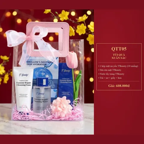 Túi Quà Xuân Sắc QTT05 1 hộp mặt nạ yến T'Beauty (10 miếng), sữa rửa mặt, nước tẩy trang T'Beauty