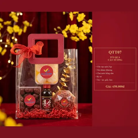 Túi Quà Cát Tường QTT07 Yến vụn sạch 25gr, táo nhược khương, chai nước hồng sâm, kỷ tử