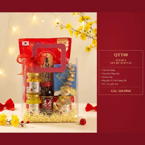Túi Quà Yến Hũ Sum Vầy QTT08 3 hũ yến chưng, chai nước hồng sâm, gói kẹo sâm, hộp giấy Tổ Yến Chưng Sẵn