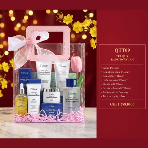 Túi Quà Rạng Rỡ Xuân QTT09 Serum, kem chống nắng, kem dưỡng, nước tẩy trang, sữa rửa mặt, gel tẩy tế bào chết T'Beauty, 5 miếng mặt nạ Soothing