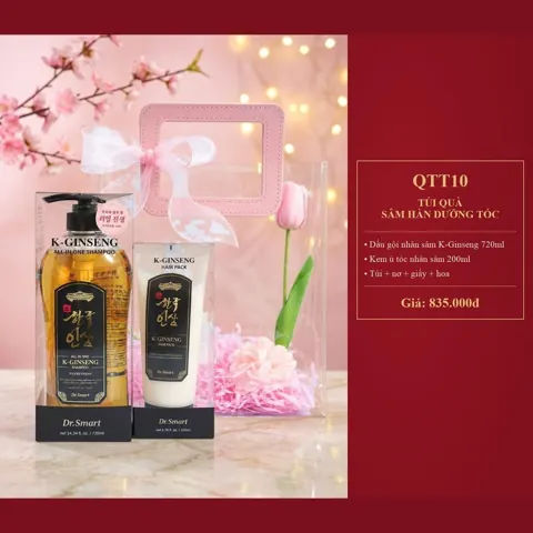 Túi Quà Sâm Hàn Dưỡng Tóc QTT10 Dầu gội nhân sâm K-Ginseng 720ml, kem ủ tóc nhân sâm 200ml