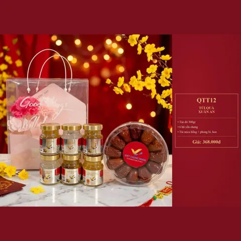 Túi Quà Xuân An QTT12 Táo đỏ 300gr, 6 hũ yến chưng, túi mica hồng