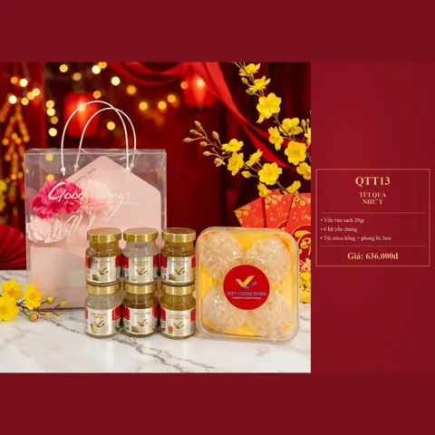 Túi Quà Như Ý QTT13 Yến vụn sạch 20gr, 6 hũ yến chưng, túi mica hồng