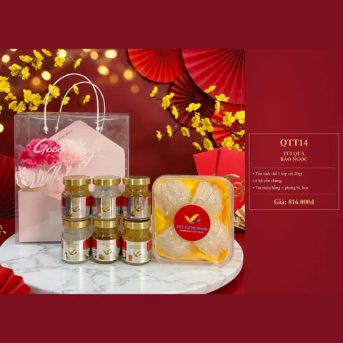 Túi Quà Bảo Ngọc QTT14 Yến tinh chế 1 lớp sợi 20gr, 6 hũ yến chưng, túi mica hồng