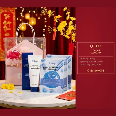 Túi Quà Rạng Rỡ QTT16 Sữa rửa mặt T'Beauty, hộp mặt nạ T'Beauty HA cấp ẩm, túi mica hồng